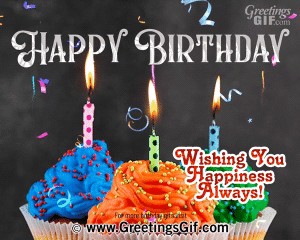 Animated Happy Birthday Gif with Cupcake, Fireworks and Confetti