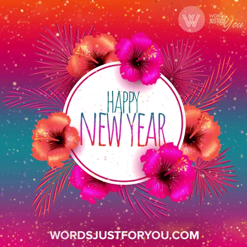 Animated Happy New Year 2022 - 1441 2 Tropical Colorful Happy New Year GIF with flowers and glitter