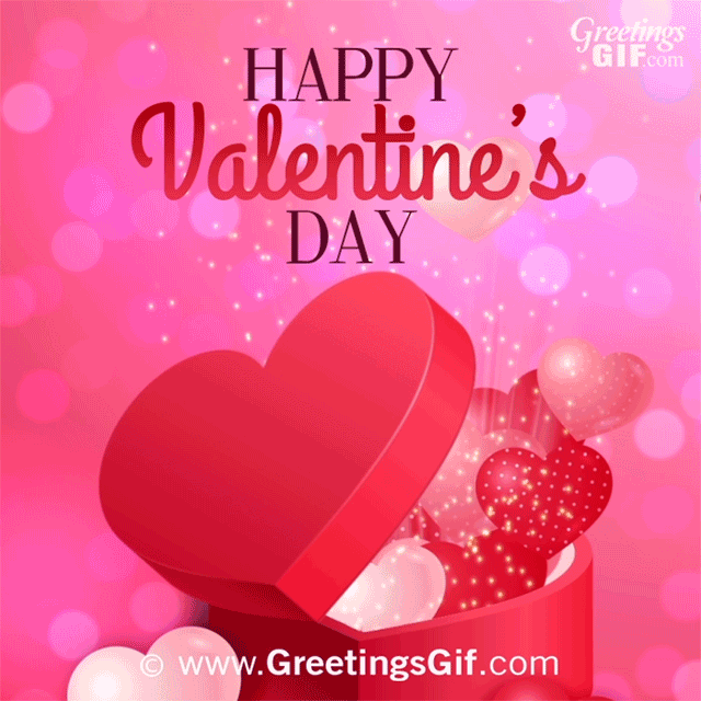 Šťastného Valentýna 4 Happy Valentine's Day GIF with Hearts from Gift Box and Glitter